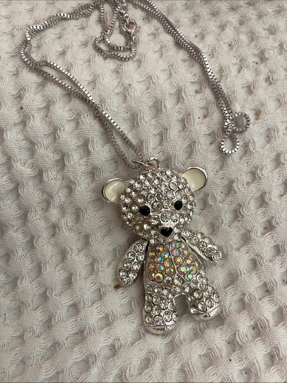 Rhinestone  Teddy Bear Pendant silver Necklace - Silver